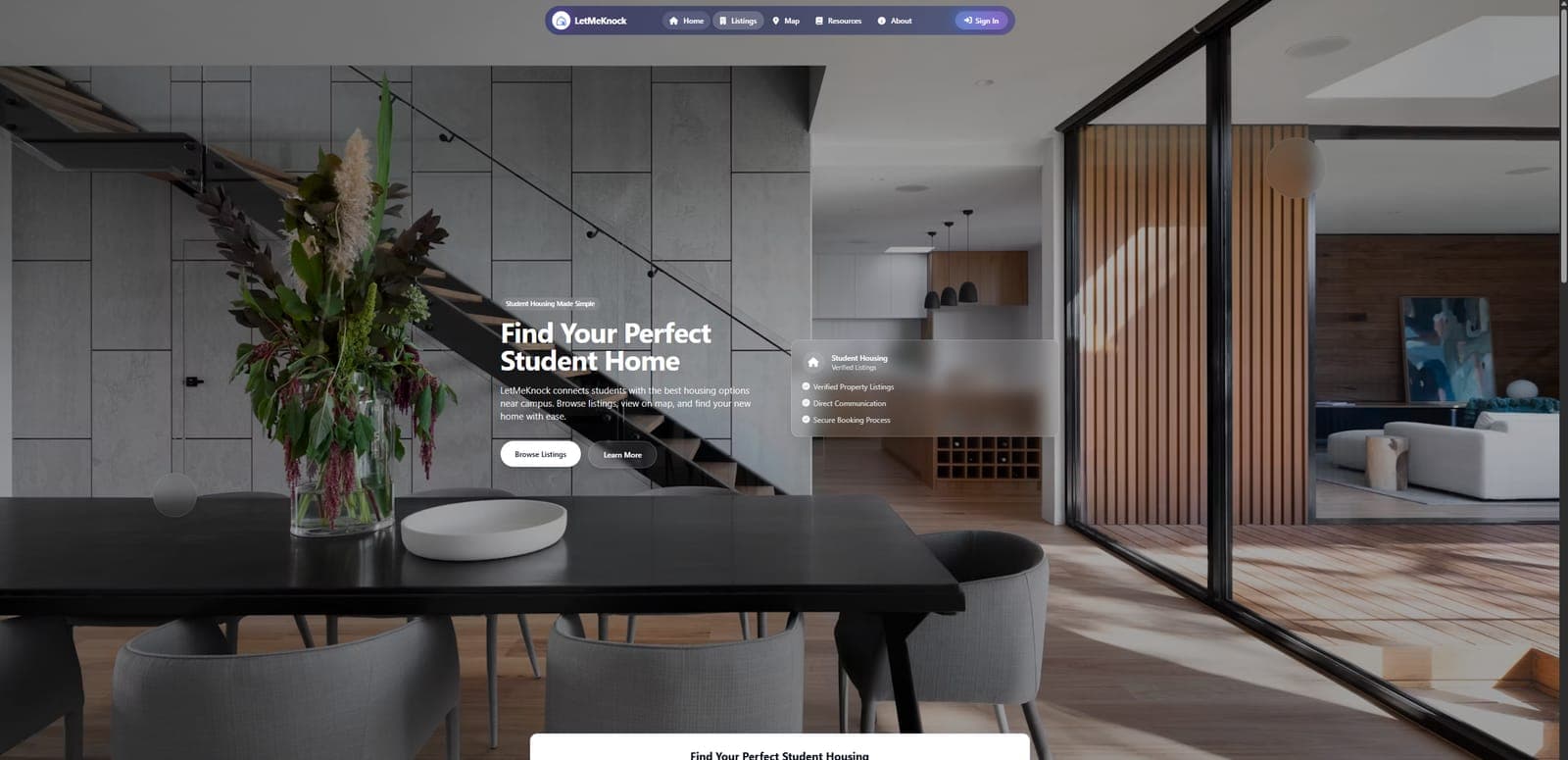 LetMeKnock homepage, student housing search